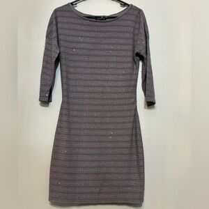 Express Size Medium Taupe Striped Sequined Stretchy Dress-3/4 Sleeve